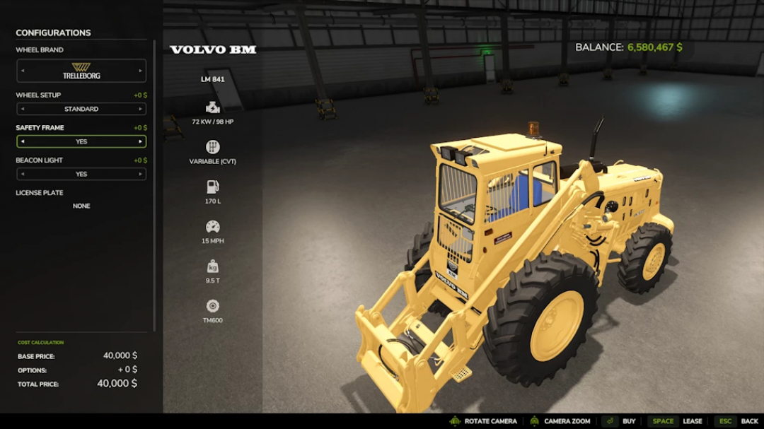 Farming Simulator 25 mod: Volvo LM 841 Rust Edition 1.0.0.0, yellow wheel loader equipped with safety features, 170L fuel, 15 MPH speed, in-game configuration.