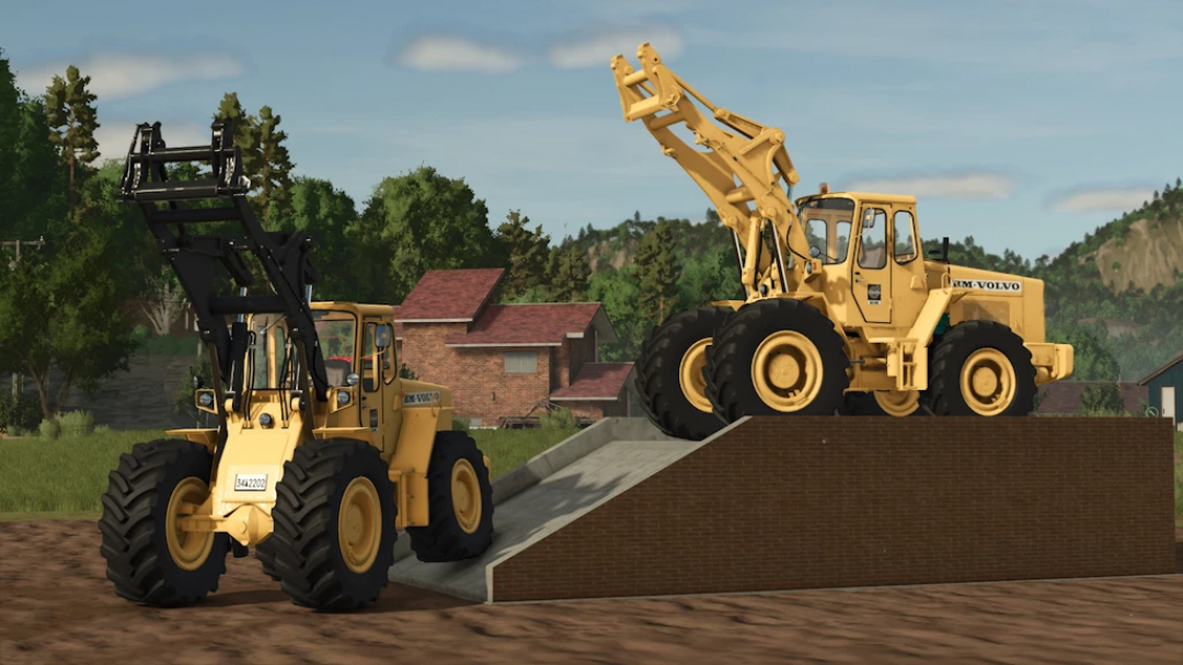Farming Simulator 25 mods: two Volvo LM 845 Rust Edition front loaders on a construction site with trees and houses in the background.