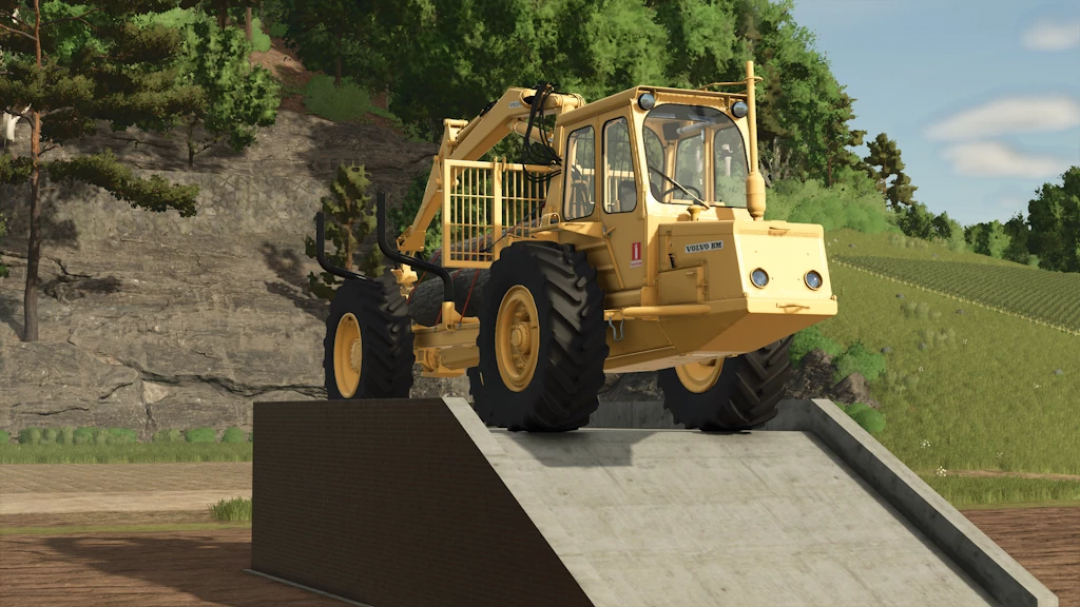 Farming Simulator 25 mod: Volvo SM 462 Rust Edition 1.0.0.0, a yellow construction loader on a ramp in a rural landscape.