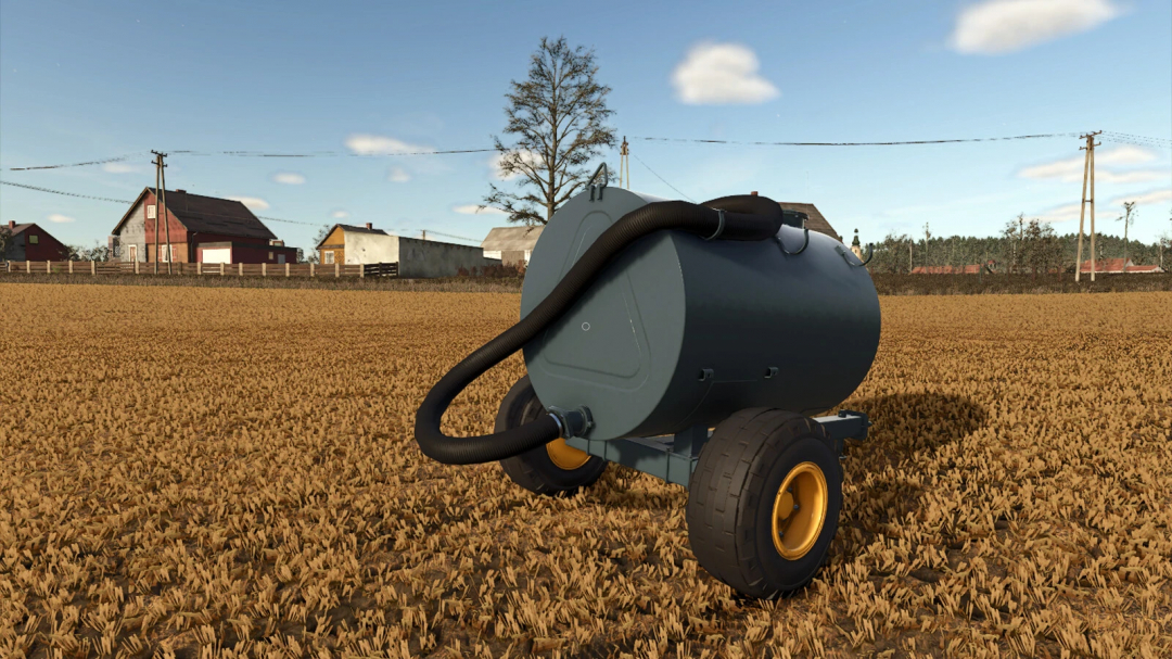 Farming Simulator 25 mod: ZJV-F-3.0 v1.0.0.1 water tank with hoses, placed on a field for farming tasks.