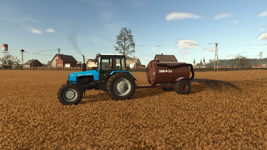 Farming Simulator 25 mod: blue tractor with a tank attachment working in a wheat field, promoting FS25 mods and farming equipment.