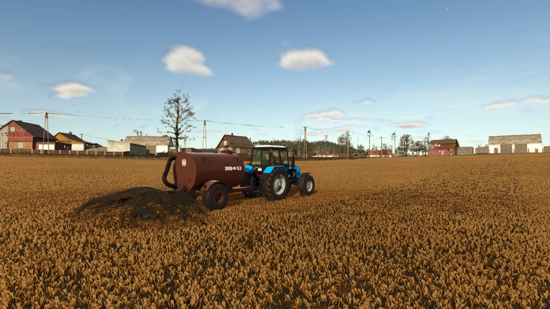 Farming Simulator 25 mod: tractor spraying the field with the ZJV-F-3.2 v1.0.0.1 fertilizer tank in FS25 game.