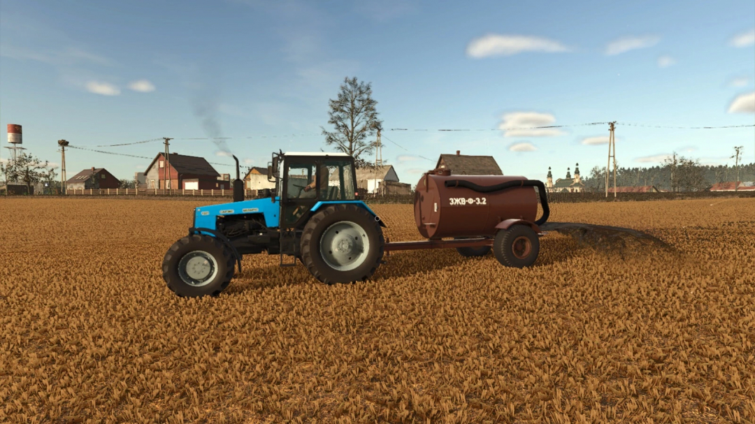 Farming Simulator 25 mod: blue tractor spraying a field with a brown tank labeled 'ЗЖВ-Ф-3.2'.