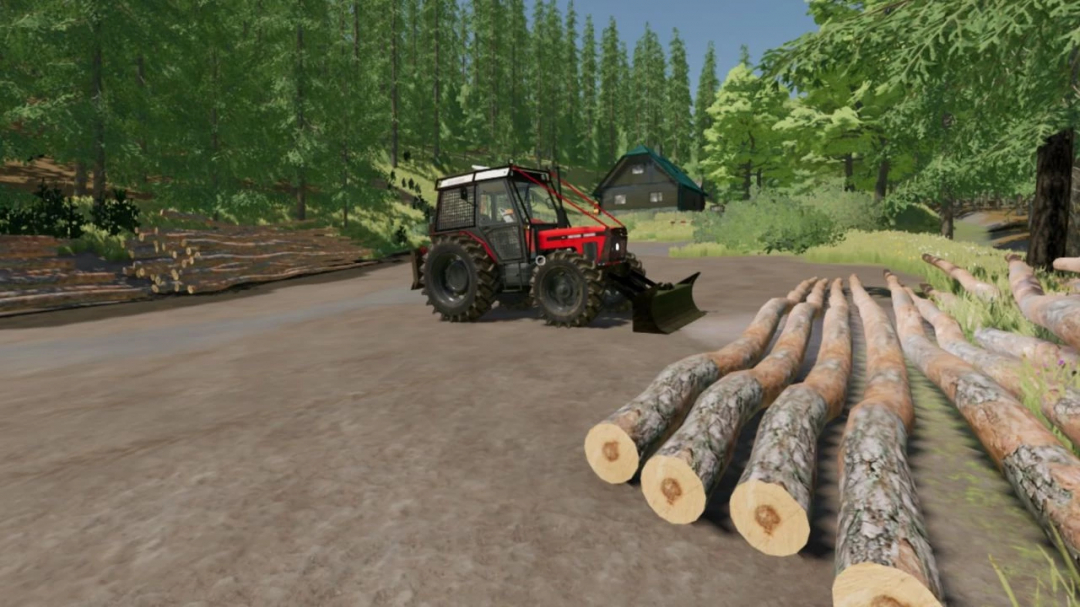 Farming Simulator 22 mod: Zetor 7745 UKT New Trebon V1.0.0.0, a tractor on a dirt road with logs and trees in the background.