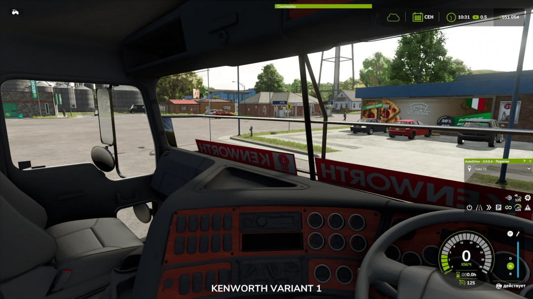 Inside view of a Kenworth truck mod in Farming Simulator 25, showing dashboard and windshield with Kenworth logo, in-game environment visible outside.