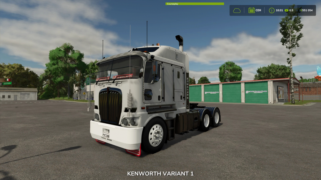 Kenworth truck mod from Farming Simulator 25, Kenworth Variant 1, in-game screenshot with trees and buildings in the background.
