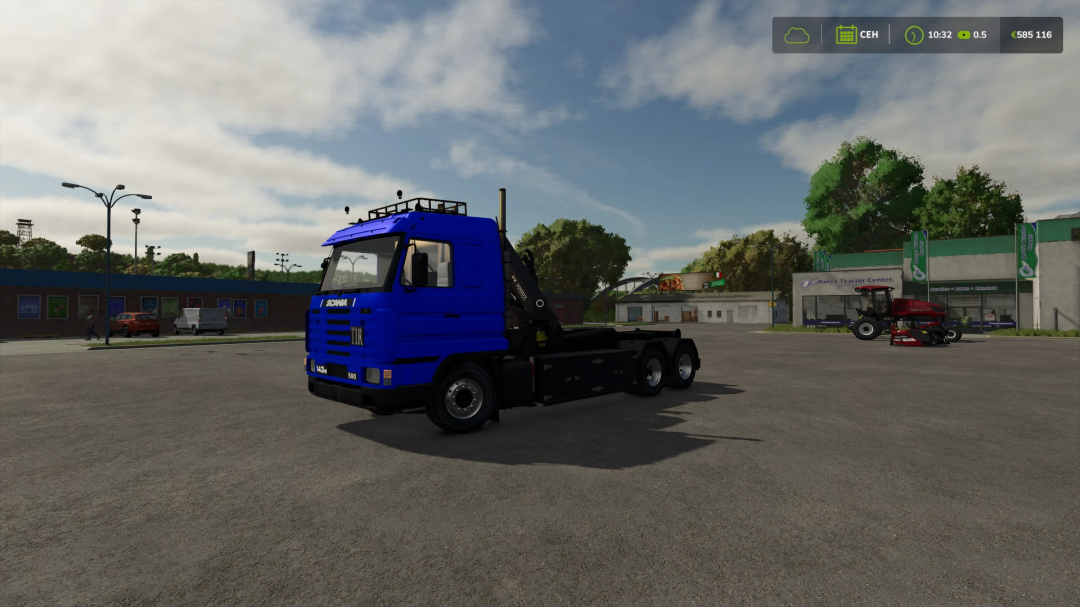 Farming Simulator 25 mods featuring the Scania 143 HKL truck in a virtual yard setting.