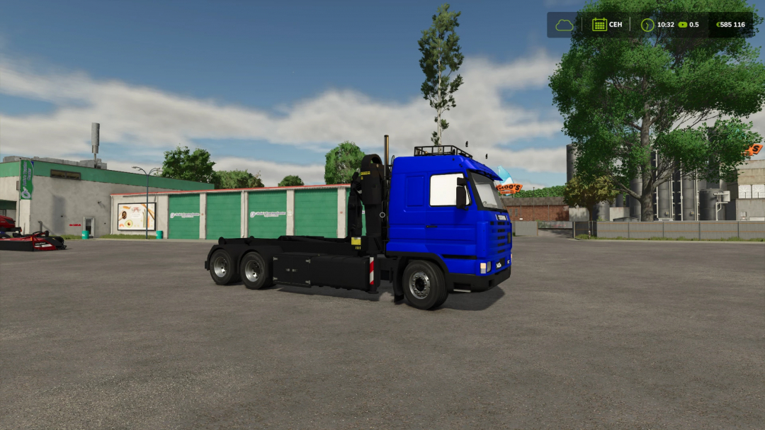 Farming Simulator 25 mod: blue Scania 143 HKL truck in a parking lot, showcasing a realistic FS25 mod vehicle.