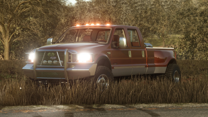 fs25-mods,  Farming Simulator 25 mod: 1999-2007 Ford F-350 pickup truck with a custom brown paint job, parked on a grassy area during sunset.