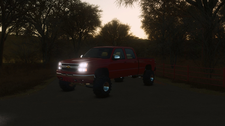 fs25-mods, Modified red Chevrolet pickup truck with lifted suspension in Farming Simulator 25, part of FS25 mods collection, at dusk.
