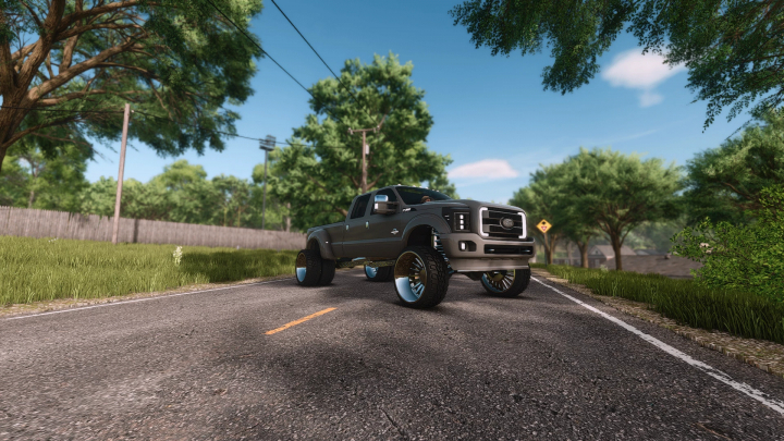 fs25-mods, Modified black Ford F350 pickup truck from Farming Simulator 25 mods, with oversized wheels on a rural road in a simulation environment.