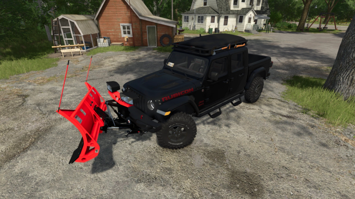 fs25-mods, Farming Simulator 25 mod featuring a Black Jeep Gladiator Rubicon v1.0.0.0 with a snow plow attachment, set in a rural yard.