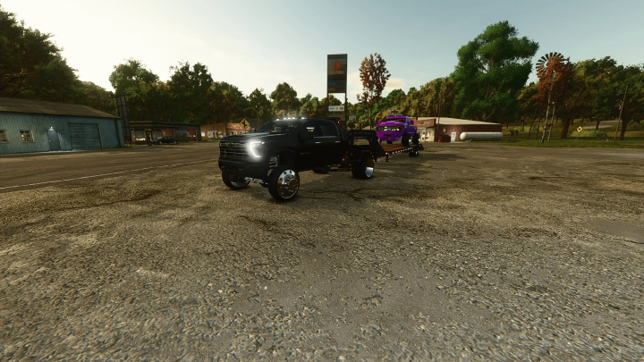 fs25-mods,  In Farming Simulator 25, a custom mod features a black Chevy HighCountry pickup truck with purple vehicles on a trailer.