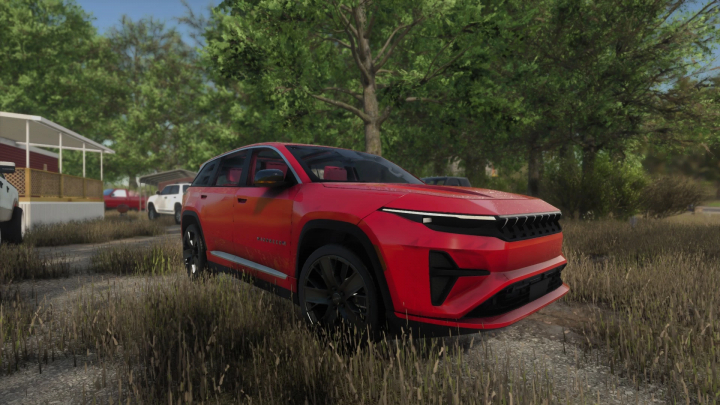 fs25-mods, Red 2025 Jeep Wagoneer S mod from Farming Simulator 25, parked on a grassy area with trees, suitable for FS25 mods.