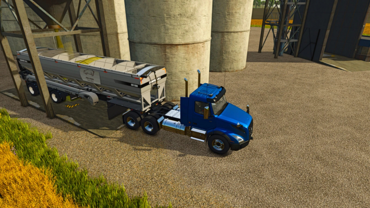 fs25-mods, Blue truck with a pig feed mill trailer, part of FS25 mods in Farming Simulator 25, near silos on a farm.