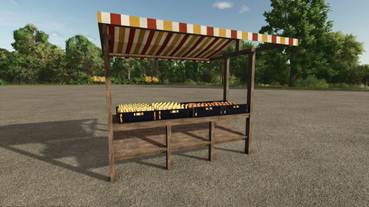 fs25-mods, Farming Simulator 25 mod: wooden fruit stand with apples and bananas, part of the Apple Tree v1.0.0.0 mod for FS25.