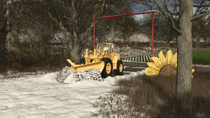 fs25-mods, Farming Simulator 25 mod: BM Volvo Snow Gear v1.0.0.0 snow plow clearing snow in a winter landscape.