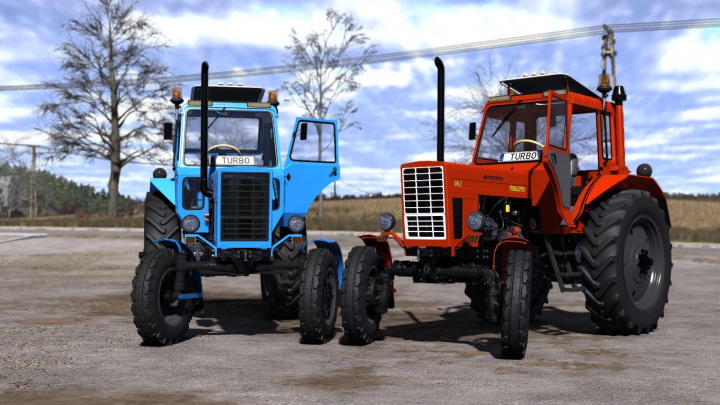fs25-mods,  Two Farming Simulator 25 mods tractors, blue and red, parked on a dirt lot, detailed with large tires and turbo labels.