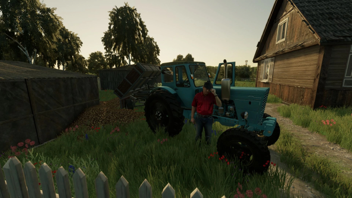 fs22-mods, Farming Simulator 22 mod featuring a blue Belarus MTZ 50 tractor on a farm with a wooden house and garden.