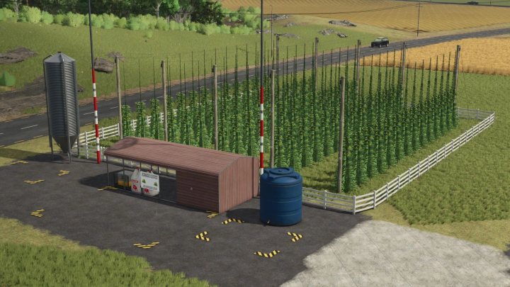 fs25-mods,  Farming Simulator 25 mod: Brewery with hop plantation, silo, water tank, and farming equipment for brewing beer in FS25.