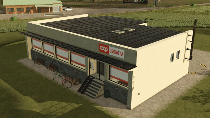 fs25-mods, Farming Simulator 25 mod: COOP Jednota store building with bicycles outside, featuring FS25 mods branding.