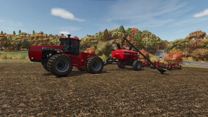 fs25-mods,  Farming Simulator 25 mod: Case IH Concord Air Drill System v1.0.0.0 attached to a red tractor on a cultivated field with autumn trees in the background.