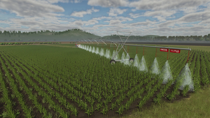 fs25-mods, Farming Simulator 25 mod showing the Corteva Circular Pivot Irrigation system watering a crop field with lush green plants.