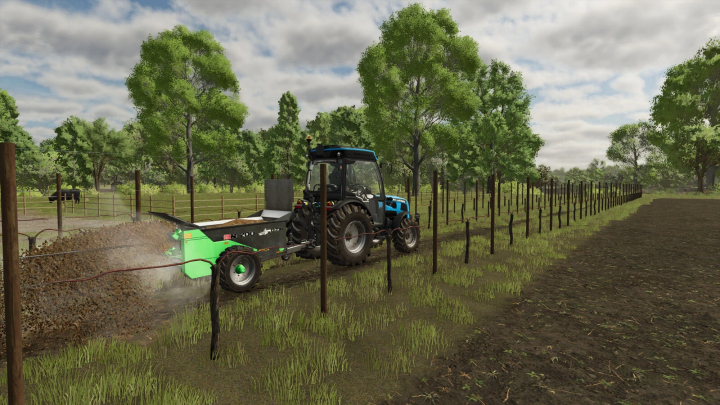 fs25-mods, Farming Simulator 25 mod: tractor with a soil tiller working in a vineyard under a cloudy sky.