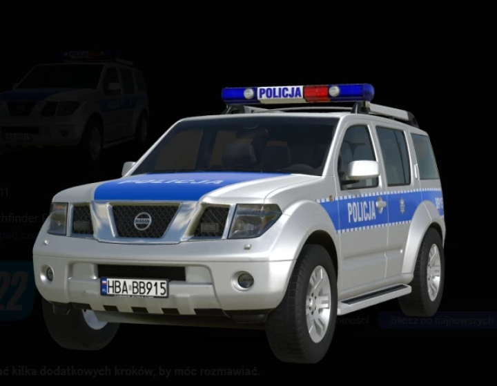 fs22-mods,  FS22 Nissan Pathfinder police car mod with blue and white color scheme, police lights on top, and Poland license plate, for Farming Simulator 22.