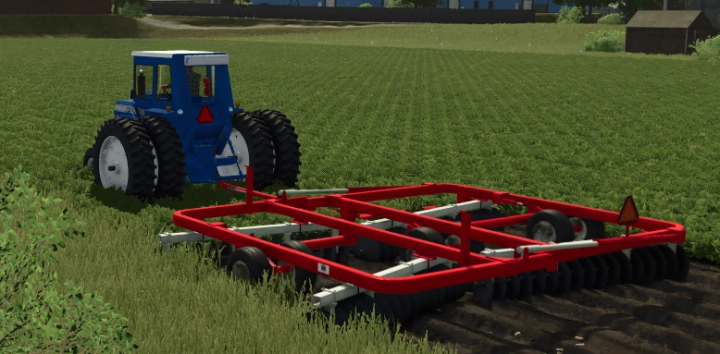 fs25-mods,  Farming Simulator 25 mod image of a blue tractor towing a red disc implement on a grassy field.
