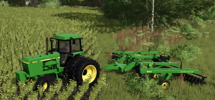 fs25-mods, Farming Simulator 25 mods: Green John Deere 4840 tractor with its implement on a grassy field, perfect for Farming Simulator 25.