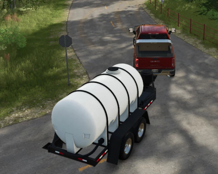 fs25-mods, Farming Simulator 25 mod image featuring a red pickup truck towing a white tanker trailer on a rural road.