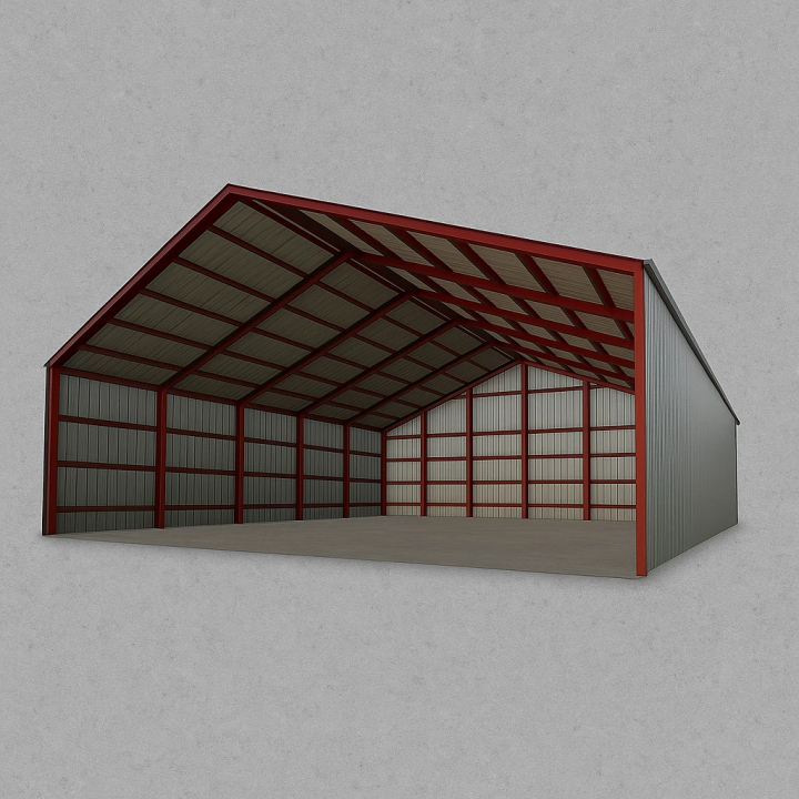 fs25-mods,  FS25 Open Storage Shed mod in Farming Simulator 25, featuring a large red and gray metal structure for storing equipment.