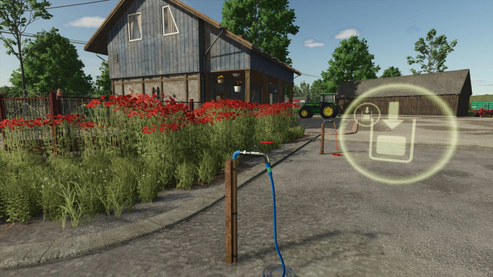 fs25-mods, Farming Simulator 25 mod: Water faucet and tank set in a farmyard with tractor, garden flowers, and water pipes.