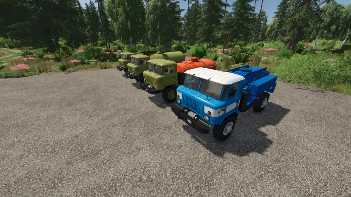 fs25-mods,  Line of FS25 mod trucks with water and fuel tanks, part of GAZ 66 Pack v1.0.2.0 for Farming Simulator 25 on a gravel lot with greenery.