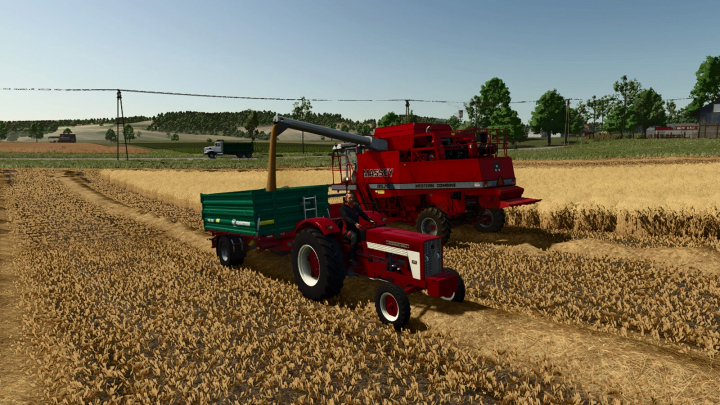 fs25-mods,  Farming Simulator 25: Red Massey Ferguson 8570 combine harvester and tractor working in a wheat field with mods from FS25.