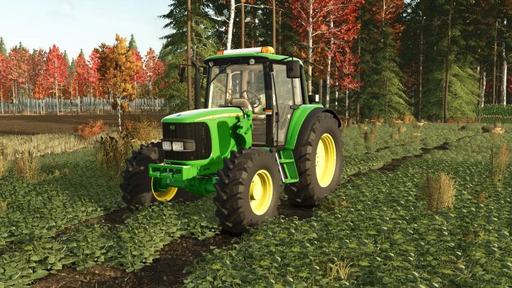 fs25-mods,  Farming Simulator 25 mod: John Deere 6020 Premium 4cyl tractor in a farm field with autumn trees, part of FS25 mods.