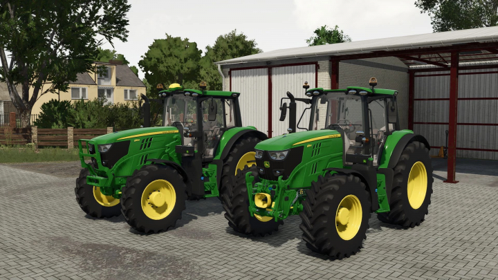 fs25-mods, Two John Deere 6155M MY2020 tractors from Farming Simulator 25 mods parked outside a farm building.