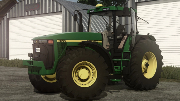 fs25-mods, Farming Simulator 25 mods: John Deere 8000 Series tractor with green and yellow design near a barn.