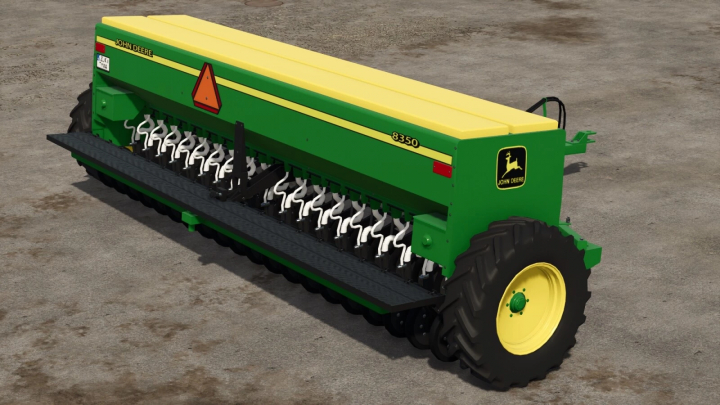 fs25-mods, Farming Simulator 25 mod: John Deere 8350 seed drill, with green and yellow design, realistic tractor wheels, and crop seeding equipment.