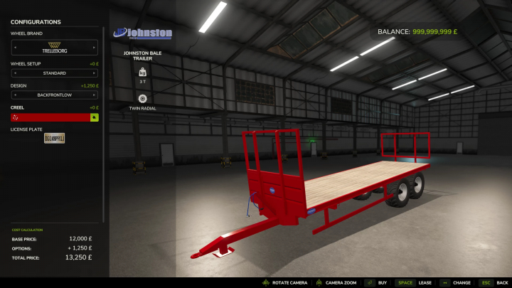 fs25-mods,  Farming Simulator 25 mod: Johnston BaleTrailer with red frame, wooden platform, and twin radial wheels, displayed in a warehouse setting.