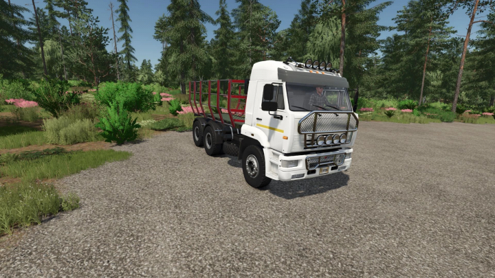 fs25-mods,  Farming Simulator 25 mod: Kamaz 6460 Forest, a white truck with a red cage on a gravel road in a forest setting.