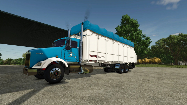 fs25-mods, Farming Simulator 25 mod: Kenworth KW900 CottonTruck v1.0.0.0, featuring a blue and white cotton transport truck with logo and loading bed.