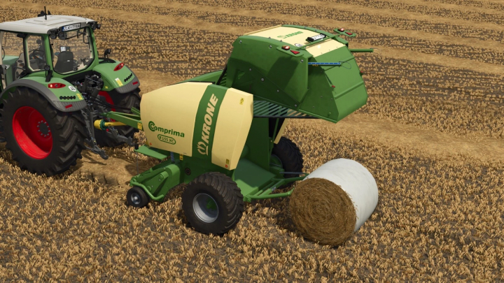 fs25-mods,  Farming Simulator 25 mod featuring a green Krone Comprima F155 XC baler attached to a tractor in a crop field.