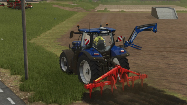 fs25-mods, Farming Simulator 25 mod featuring the Kuhn DC401 Plow 1.0.0.0 attached to a tractor, working on farmland with a plow attachment for soil preparation.