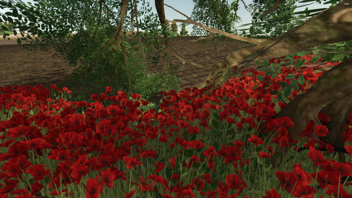 fs25-mods,  Farming Simulator 25 mod depicting a lush field of red poppies under a tree, with a roof in the background, showcasing Lengerich und Umgebung v1.0.0.0.
