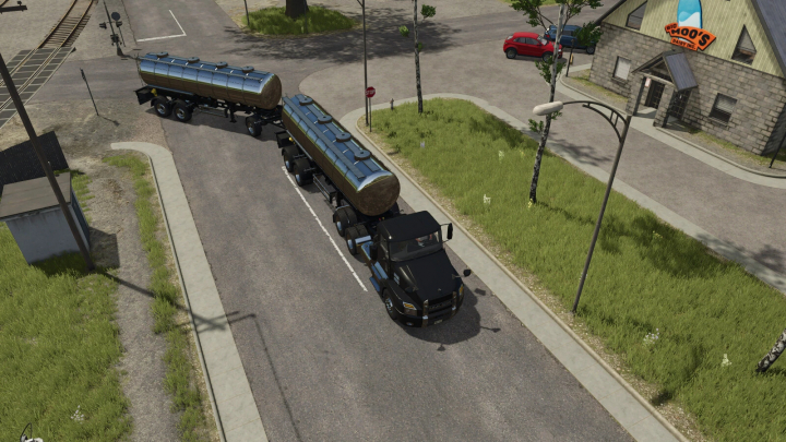 fs25-mods,  Farming Simulator 25 mod: Liquids Handling Truck Train with tanker trailers on the street.