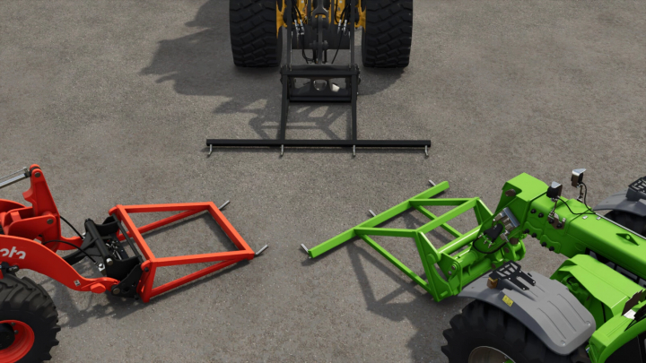 fs25-mods, Farming Simulator 25 mod showing various equipment, including green and red attachments and a black forklift attachment on a tractor.