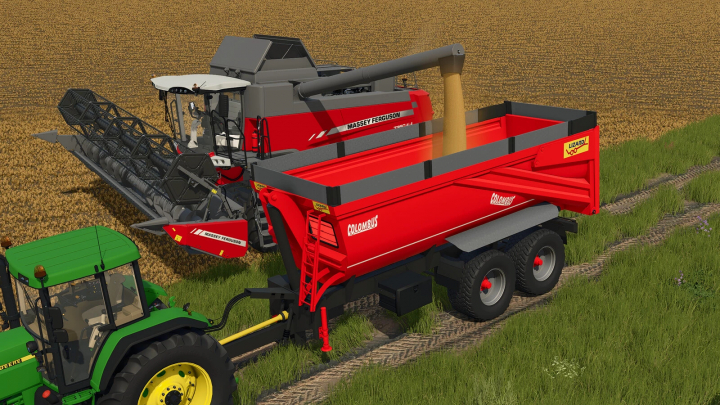 fs25-mods, Farming Simulator 25 mod showcase: Lizard Columbus Pack in action, including a grain trailer attached to a Massey Ferguson tractor.