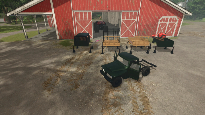 fs25-mods,  Farming Simulator 25 mod scene with a red barn, various trailers, a green utility vehicle, and toy tractors, featuring the Lizard Rural F75 v1.0.0.0 mod.